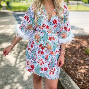 Multicolored Paisley and White Feather Dress. NWT